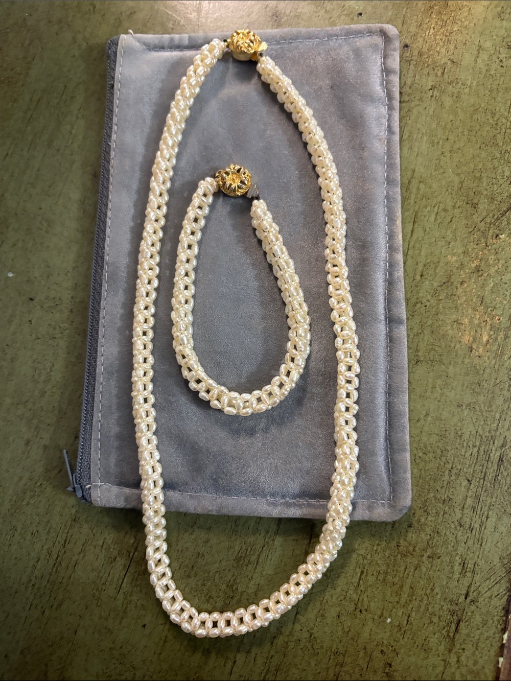 Ivory Pearl Rope Necklace and Bracelet Set with Gold Tone Clasp